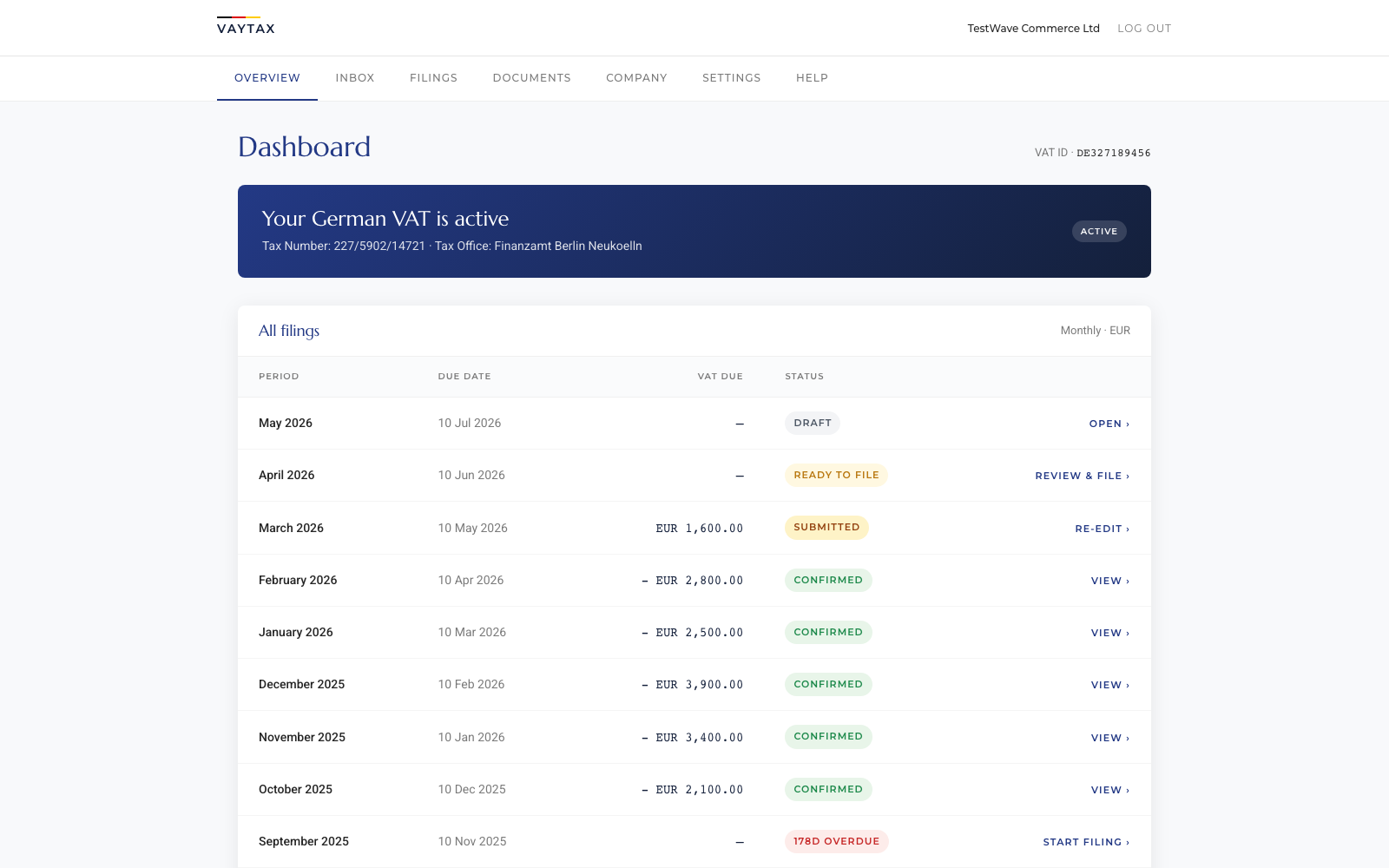Vaytax dashboard showing all monthly filings
