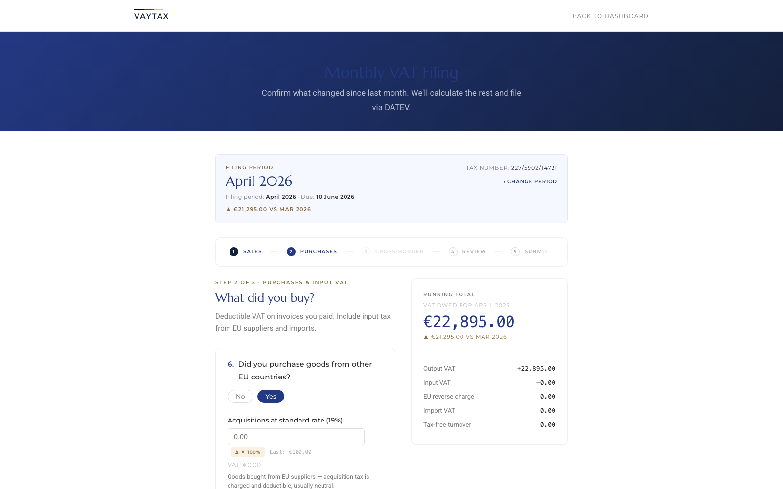 Filing wizard step 2, Purchases, header 'What did you buy?' with first question about EU acquisitions