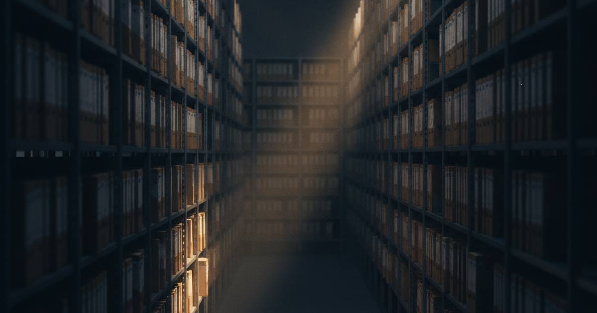 Rows of archived document folders in a records room