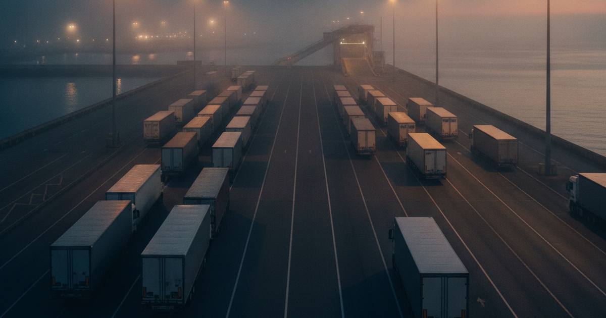 Lorry trailers queued at a ferry terminal before dawn