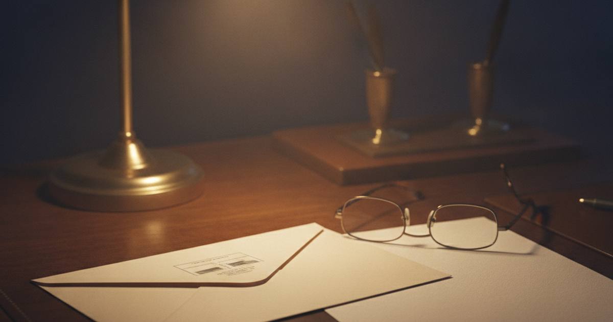 Envelope and reading glasses on a desk under a lamp