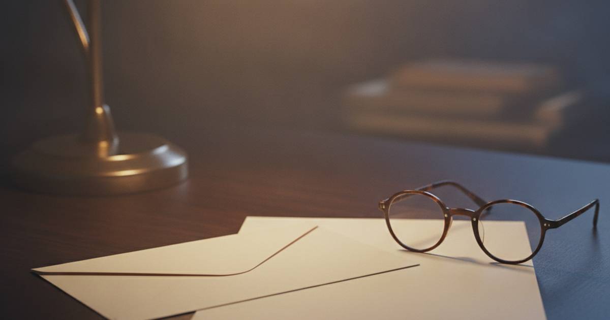 Envelope and reading glasses on a dark desk