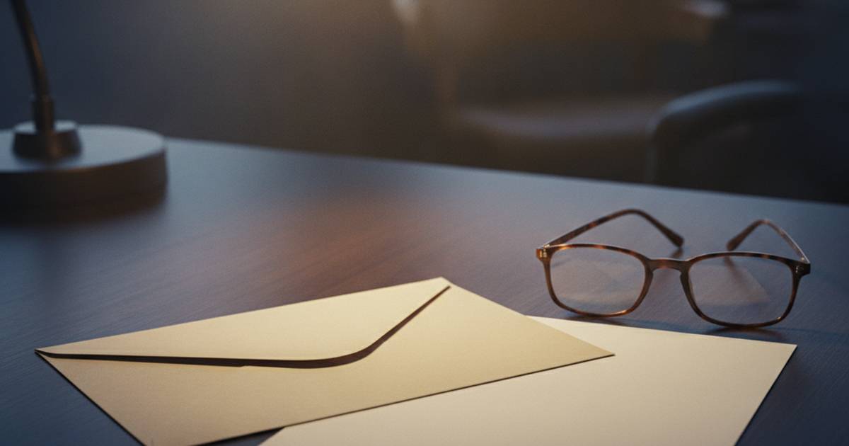 Envelopes and glasses on a dark desk at night