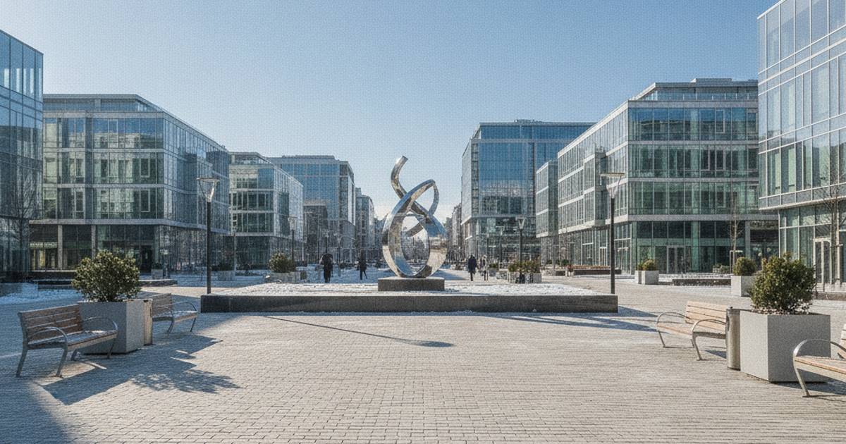Modern office plaza in winter light