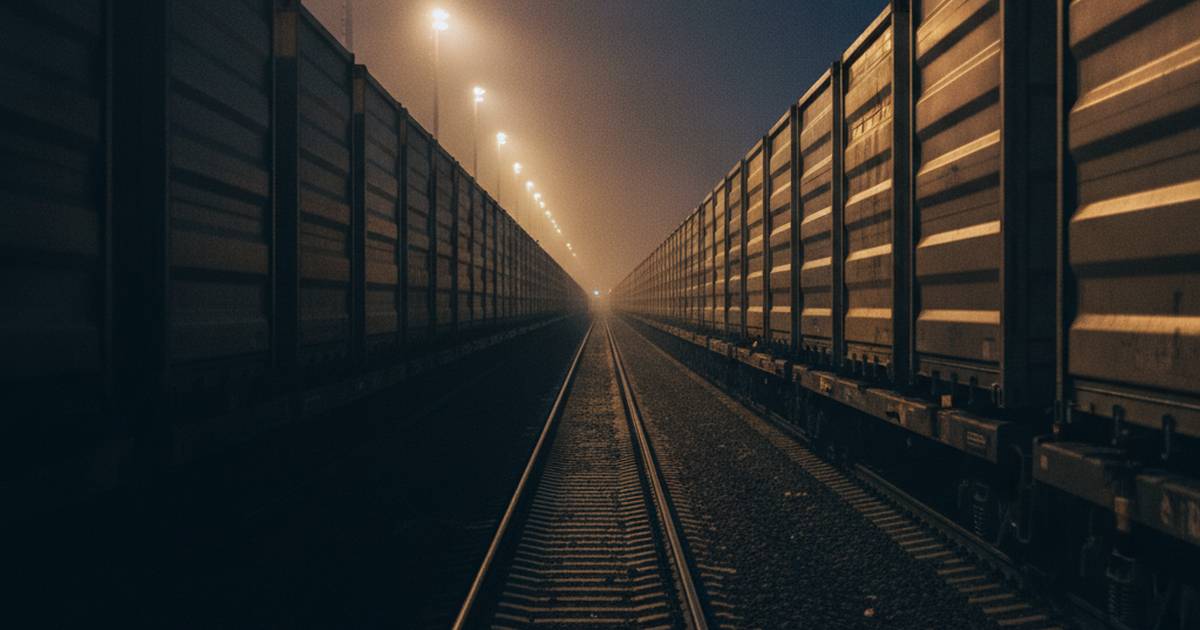 Freight rail yard under floodlights at night
