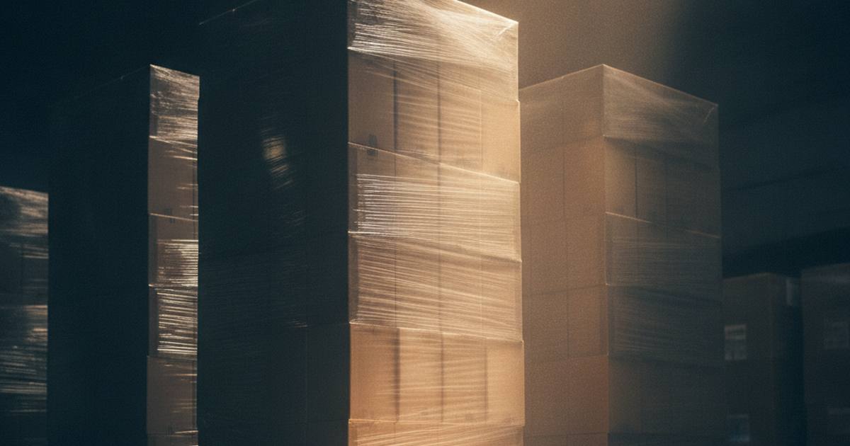 Shrink-wrapped pallets of cartons in a warehouse aisle