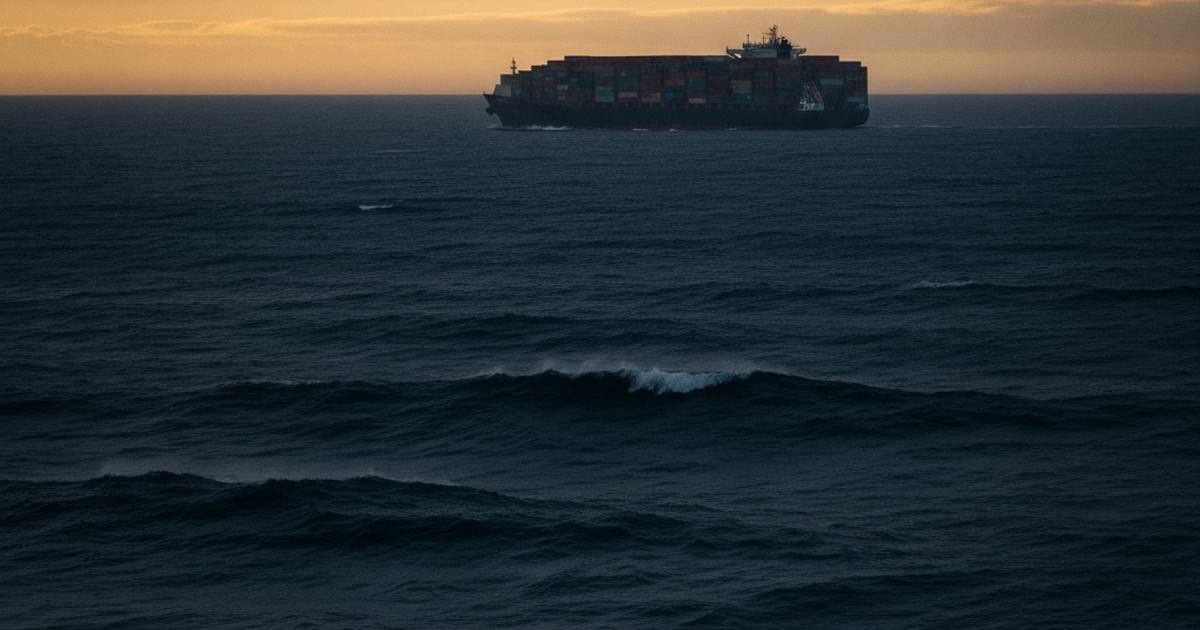 Container ship crossing open ocean at dusk