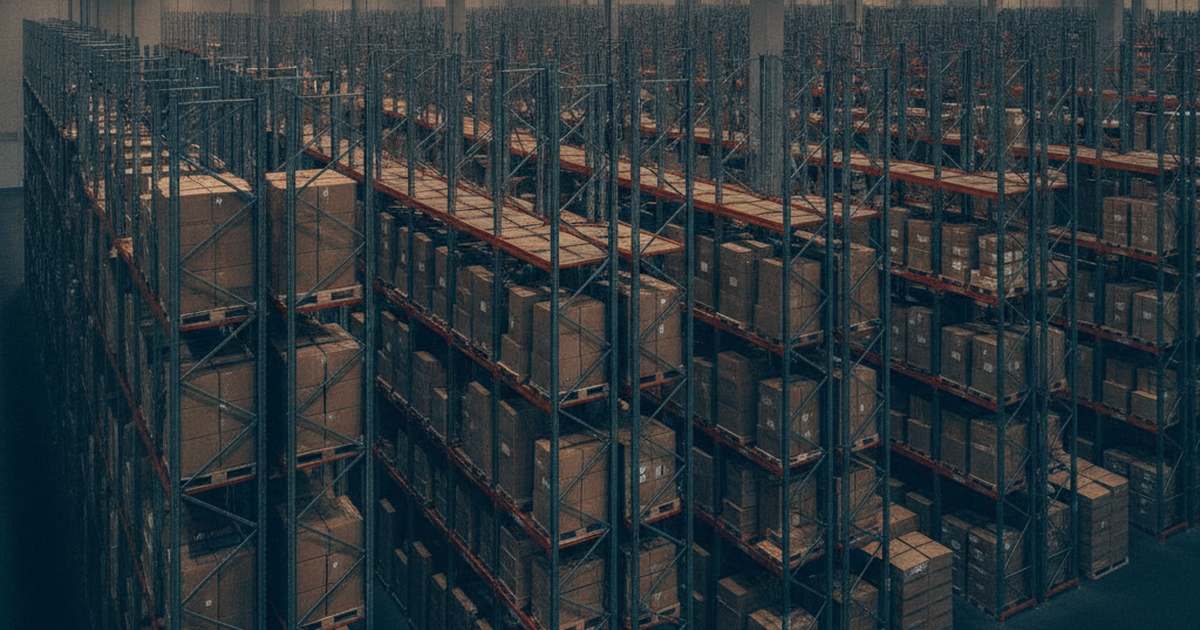 Aisle of racking in a German fulfilment warehouse at dusk